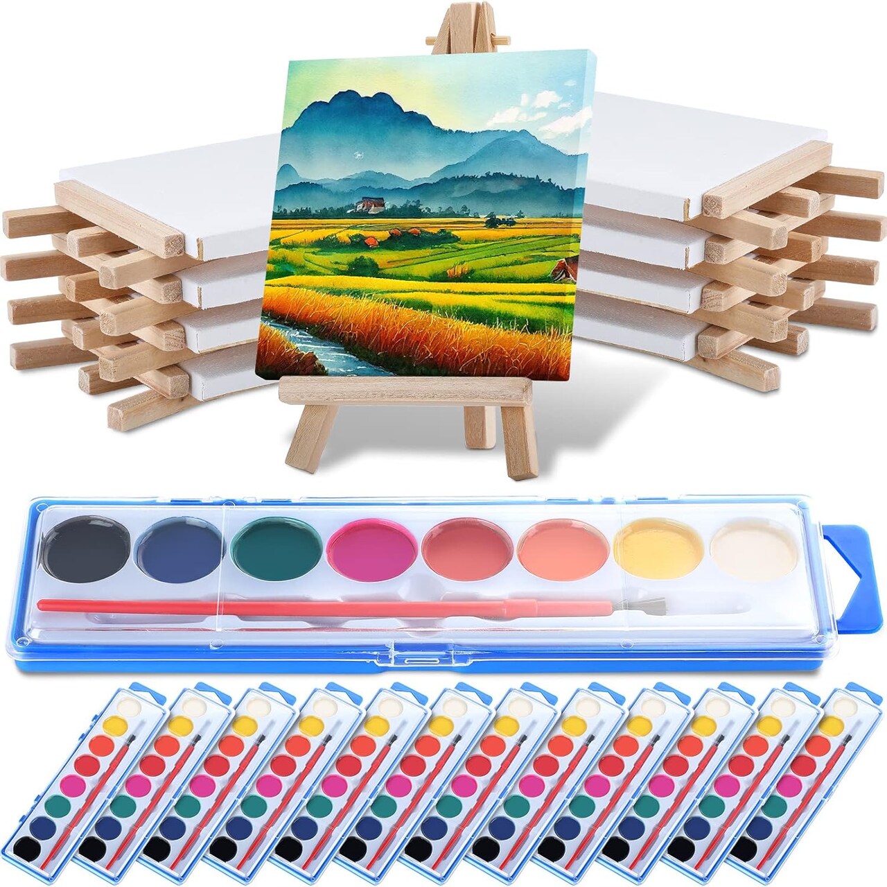 12-Piece Mini Watercolor Painting Kit – 4 x 4 Inch Canvases with Easels, 8 Watercolor Paints, Brush Included, Kids DIY Art Party Favor, School & Birthday Supplies